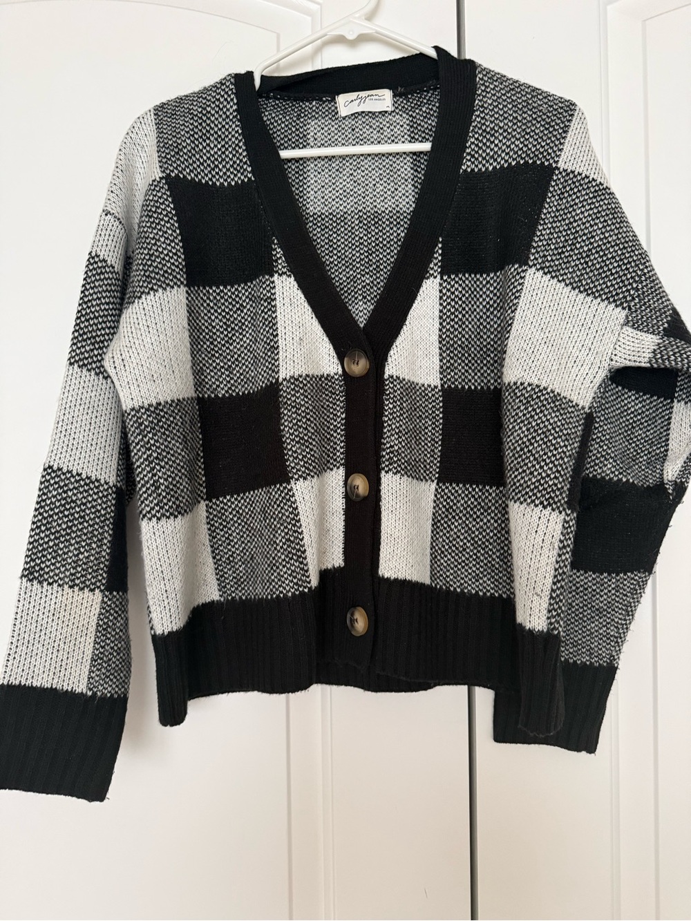 Carly Jean Los Angeles Black & White Check V-Neck Button Cardigan